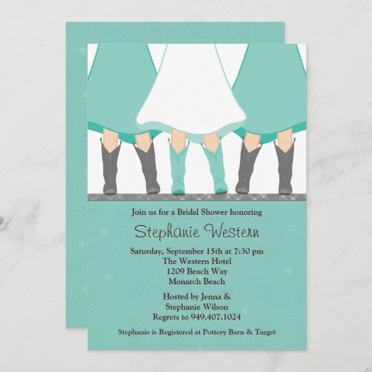 西部のブーツのブライダルシャワーの招待状のミントの灰色 招待状 (正面/裏面)