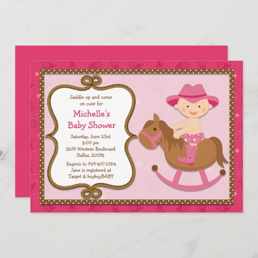 西部のベビーシャワーの招待状の女性のカーボーイ 招待状 (正面/裏面)