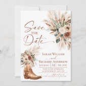 西部のボヘミアン風な雰囲気の「Save the Date」カード(写真付き、ラスティック調) (正面)