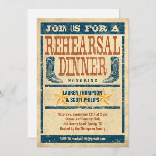 西部のリハーサルの夕食の招待状 招待状 (正面/裏面)