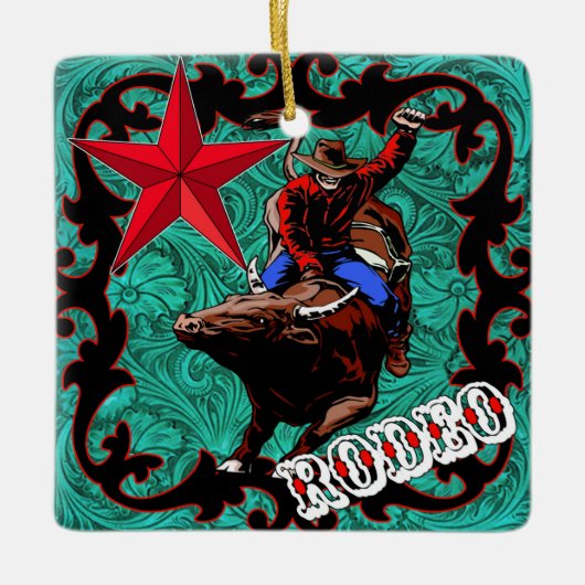 西部のロデオのカウボーイのBullの乗馬のオーナメント セラミックオーナメント (正面)