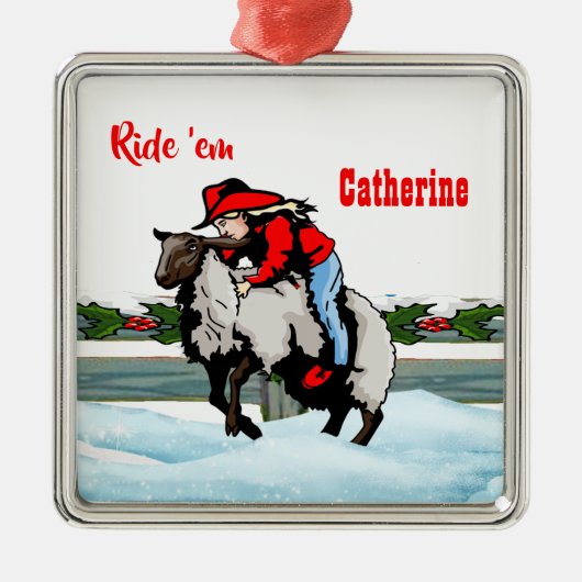 西部のロデオの女性のカーボーイの子供のマトンの破壊者のクリスマス メタルオーナメント (正面)