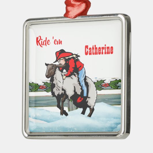 西部のロデオの女性のカーボーイの子供のマトンの破壊者のクリスマス メタルオーナメント (左)