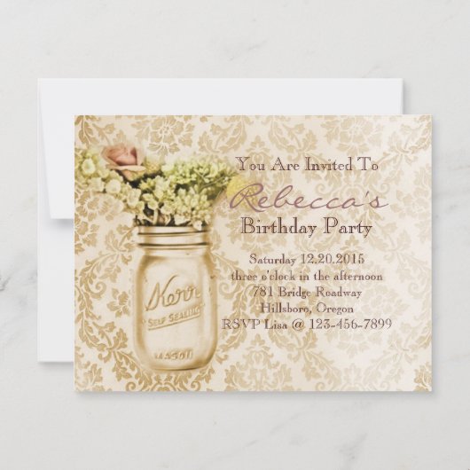 西部の国のスタイルの野生の花のメイソンの瓶 招待状 (裏面)