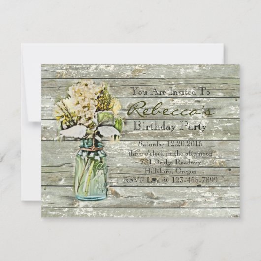 西部の国のスタイルの野生の花のメイソンの瓶 招待状 (裏面)