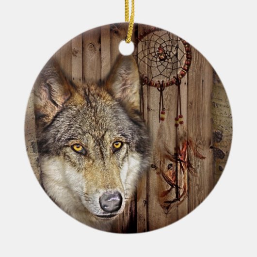西部の夢のキャッチャーの原産のアメリカインディアンのオオカミ セラミックオーナメント (正面)