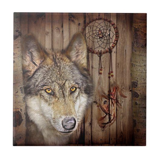 西部の夢のキャッチャーの原産のアメリカインディアンのオオカミ タイル (正面)