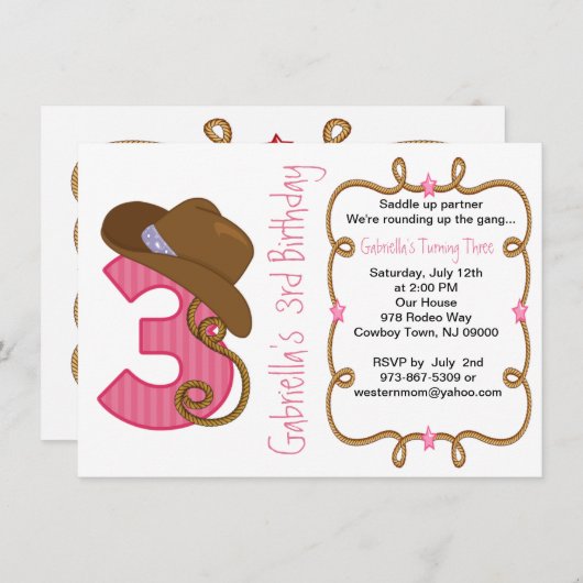 西部の大きい3人の女の子の誕生日の招待状 招待状 (正面/裏面)
