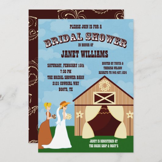西部の女性のカーボーイの納屋のブライダルシャワーの招待状 招待状 (正面/裏面)
