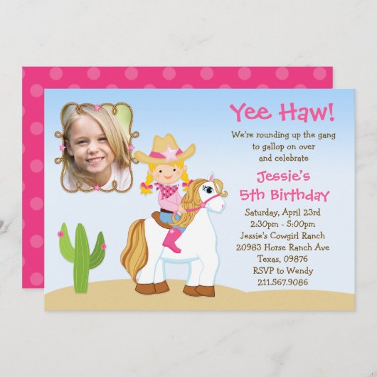 西部の女性のカーボーイの馬の誕生日のパーティの招待状 招待状 (正面/裏面)
