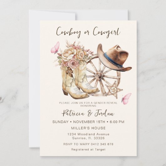 西部の女性のカーボーイまたはカウボーイジェンダーの表示 招待状 (正面)