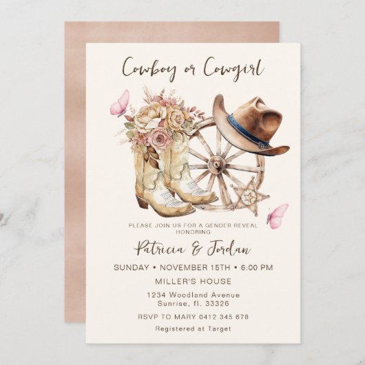 西部の女性のカーボーイまたはカウボーイジェンダーの表示 招待状 (正面/裏面)