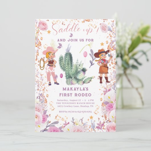 西部の女性のカーボーイフローラ水色最初の誕生日 招待状 (スタンド正面)