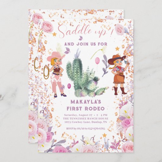 西部の女性のカーボーイフローラ水色最初の誕生日 招待状 (正面/裏面)