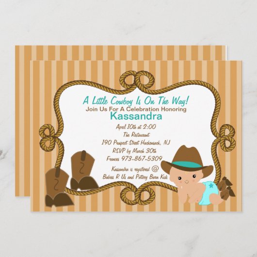 西部の小さい緑のカウボーイのベビーシャワーの招待状 招待状 (正面/裏面)