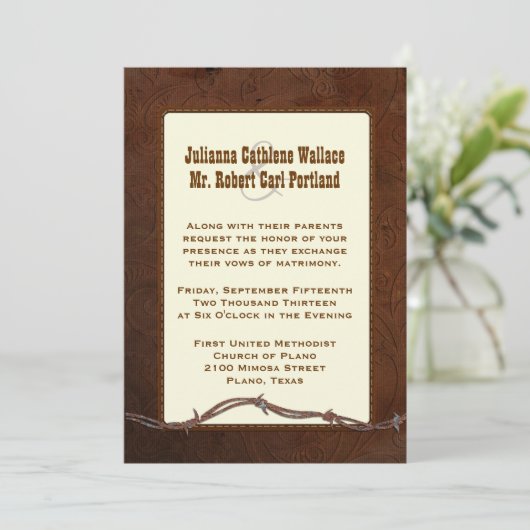 西部の用具を使われた革カスタムな結婚式招待状 招待状 (スタンド正面)