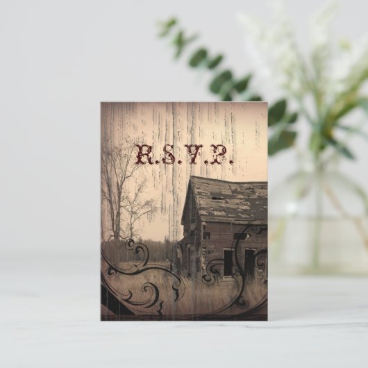 西部の田舎の農家結婚の対応RSVP インビテーションポストカード (スタンド正面)