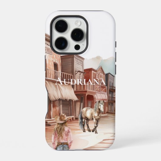 西部の町の女の子の馬 iPhoneケース (裏面)