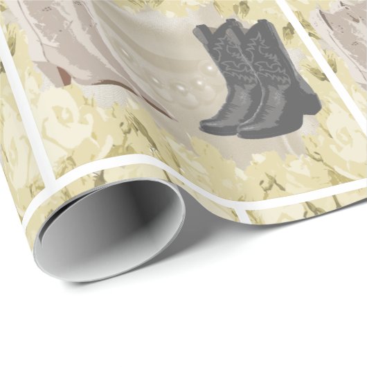 西部の結婚式のカウボーイ・ブーツおよび白い花 ラッピングペーパー (ロールコーナー)