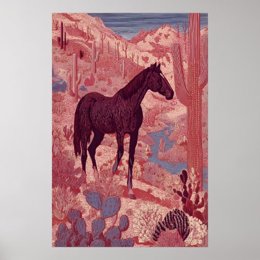 西部の荒野の馬の壁のアート、サボテン、ボールド ポスター (正面)
