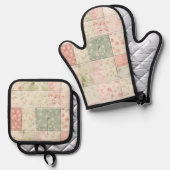 西部の農場 ミントピンクの花柄キルトパターン 鍋つかみ&鍋敷きセット (正面/裏面)
