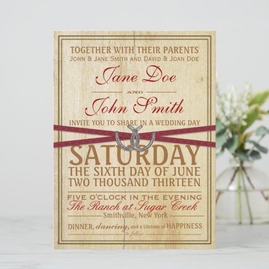 西部の、木製および赤いリボンの結婚式招待状 招待状 (スタンド正面)