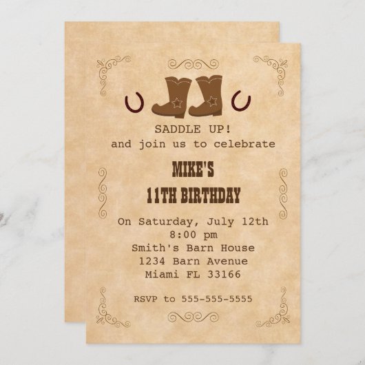 西部カウボーイの招待状の男の子の女の子の誕生会 招待状 (正面/裏面)