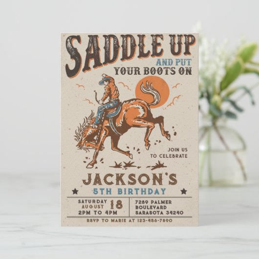 西部カウボーイ誕生日パーティーにお馬に乗って 招待状 (スタンド正面)