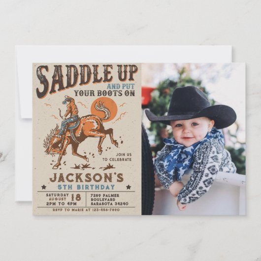 西部カウボーイ誕生日写真 招待状 (正面)