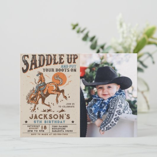 西部カウボーイ誕生日写真 招待状 (スタンド正面)