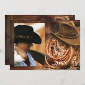西部スタイルの帽子とラッソーの卒業発表カード（写真付き） 招待状 (正面/裏面)