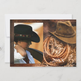 西部スタイルの帽子とラッソーの卒業発表カード（写真付き） 招待状