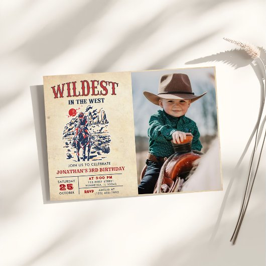 西部ヴィンテージ砂漠ロデオ3歳誕生日写真 招待状