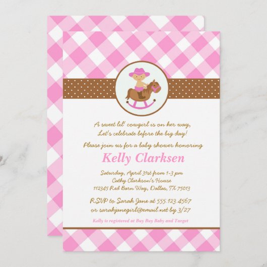 西部女性のカーボーイのベビーシャワーの招待状のピンクの女の子 招待状 (正面/裏面)