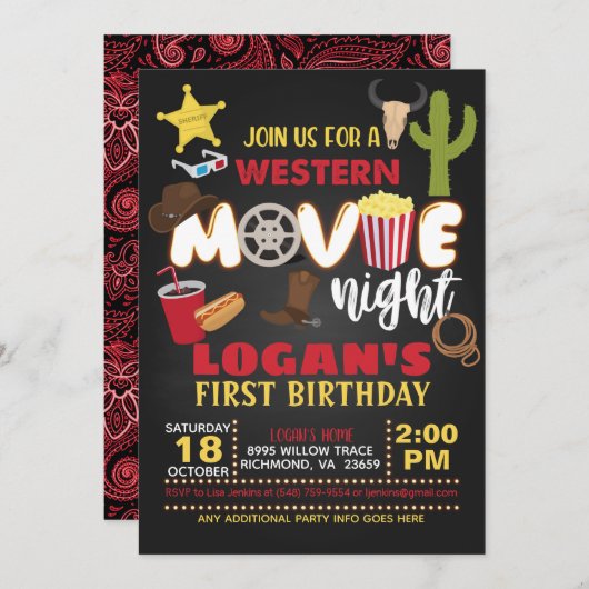 西部映画の夜の誕生日パーティー招待状 招待状 (正面/裏面)