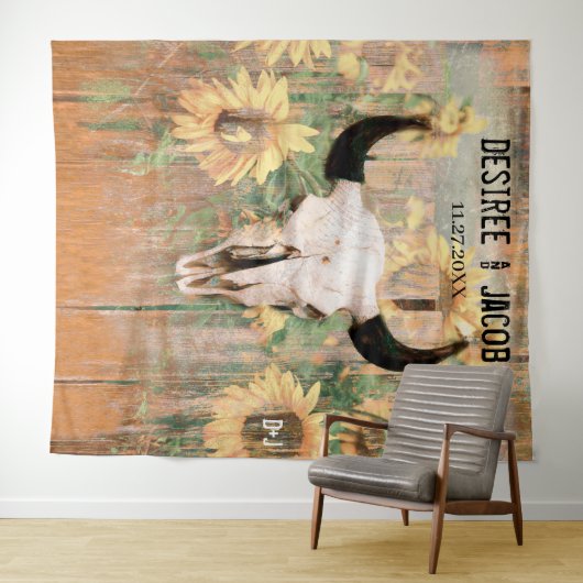 西部風のひまわりと牛の頭蓋骨のフォトブース タペストリー (インサイチュ(横))