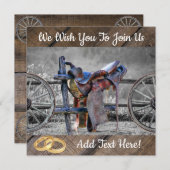 西部風の馬の鞍と柵と wagon の車輪 招待状 (正面/裏面)