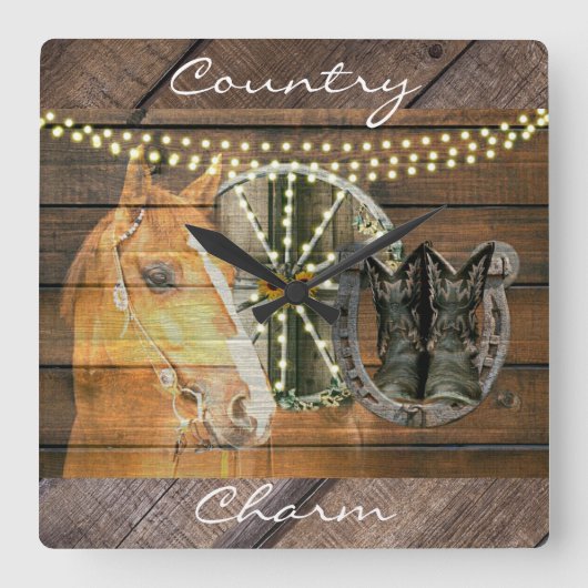 西馬馬蹄車車輪カウボーイブーツ スクエア壁時計 (正面)