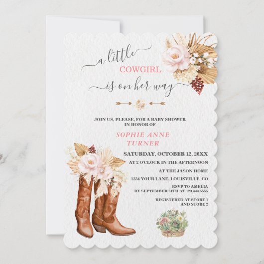 西A小さな女性のカーボーイブーツ赤ちゃんシャワー 招待状 (正面)