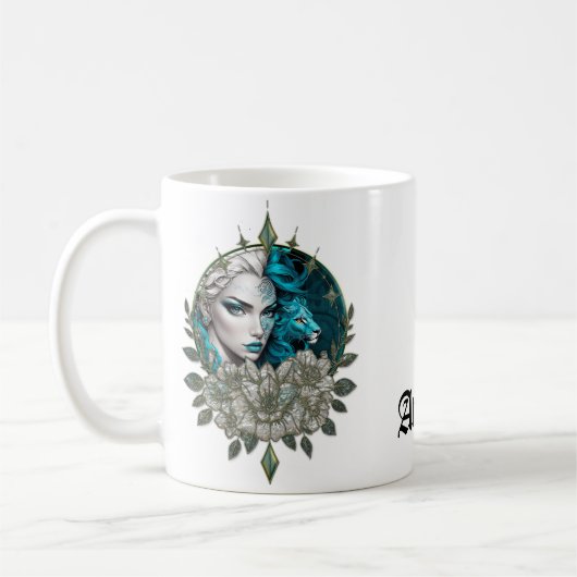 要素の調和、ライオンを持つ女性。 コーヒーマグカップ (左)