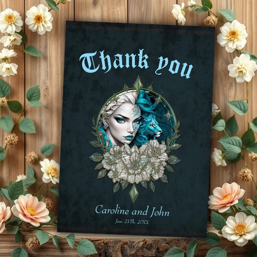 要素の調和、ライオンを持つ女性。 サンキューカード