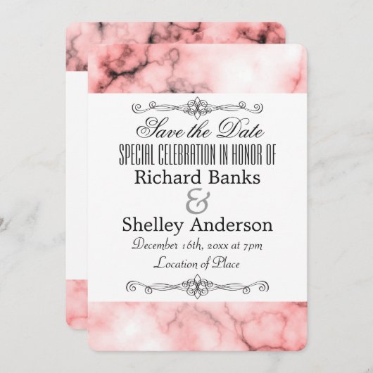 要素を含むピンクの大理石トリファンシーム セーブザデート (正面/裏面)