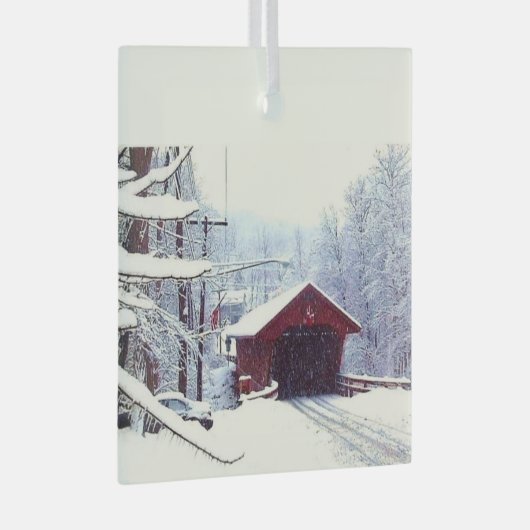 覆われた橋の上の冬 ガラスオーナメント (正面右)