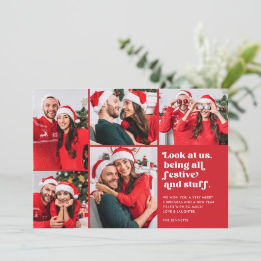 見おもしろいて米国5写真コラージュのクリスマスホリデー シーズンカード (スタンド正面)