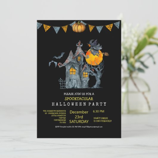 見た目がかわいい水彩ファミリーハローウィンパーティ 招待状 (スタンド正面)