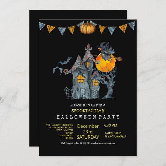 見た目がかわいい水彩ファミリーハローウィンパーティ 招待状 (正面/裏面)