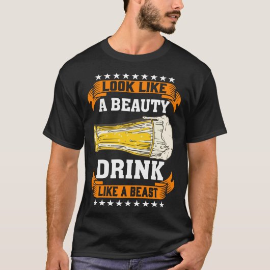 見た目は美人、飲むと野獣 ビール飲み Tシャツ (正面)