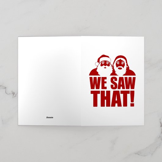 見た！サンタとイエスはいつも見ている 箔グリーティングカード (外側レイダウン)