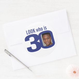 見て誰が30写真ネイビーブルー白30歳の誕生日 ラウンドシール