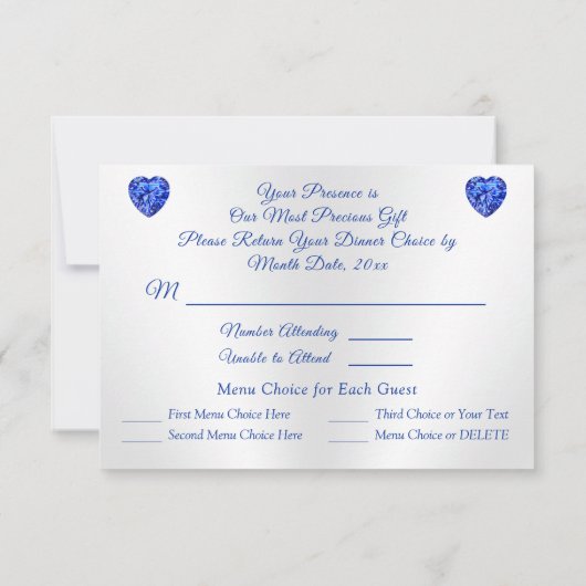 見事なカスタムサファイアのウェディングメニュー選択カード 招待状 (裏面)